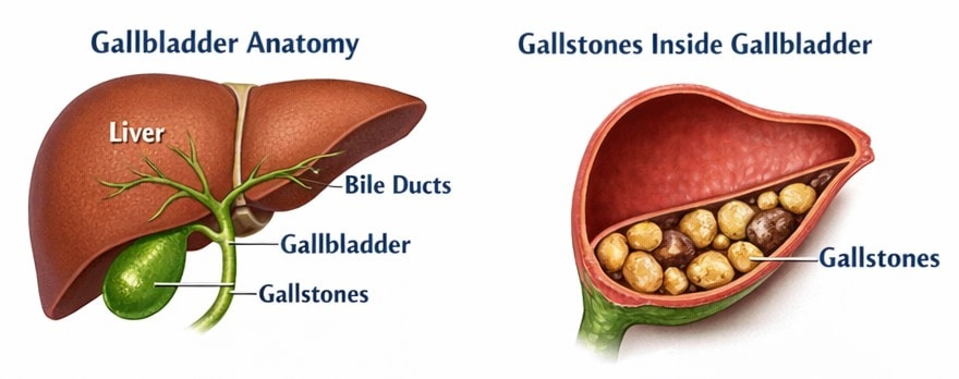 Gallbladder anatomy diagram showing the liver, bile ducts, and gallbladder with gallstones inside the gallbladder.