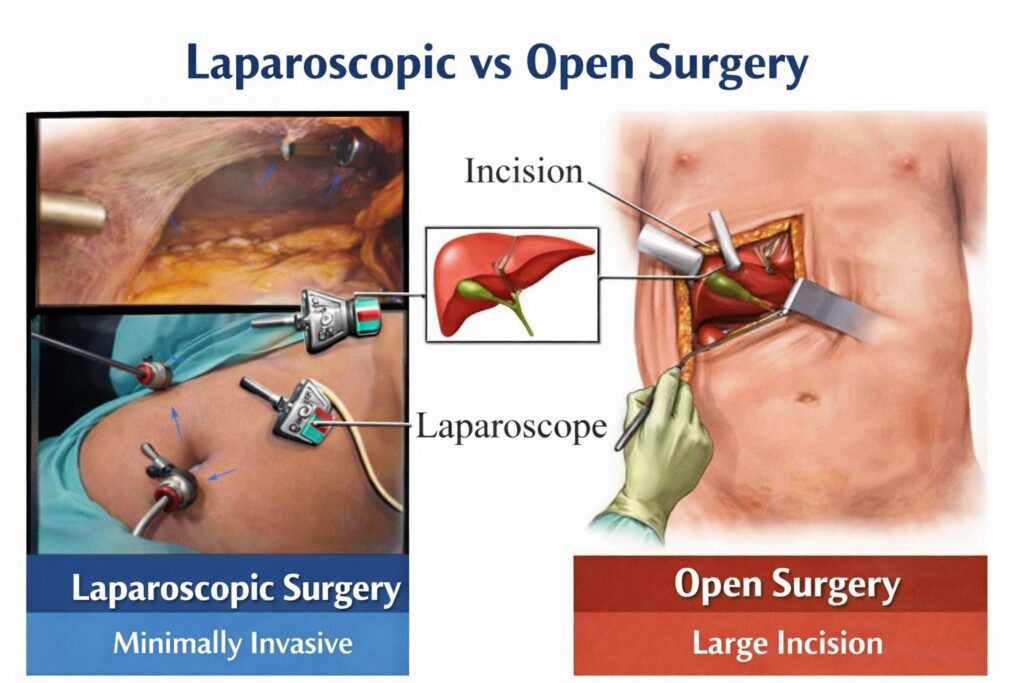 Side-by-side comparison of gall bladder stone surgery showing laparoscopic cholecystectomy with small keyhole incisions versus open gall bladder surgery with a large abdominal incision.