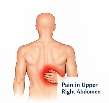 Illustration showing a person experiencing pain in the upper right abdomen, highlighting the liver and gallbladder area