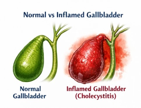 Comparison illustration showing a normal gallbladder and an inflamed gallbladder affected by cholecystitis