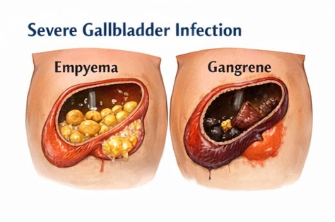 Medical illustration showing severe gallbladder infection with empyema and gangrene caused by untreated gallstones